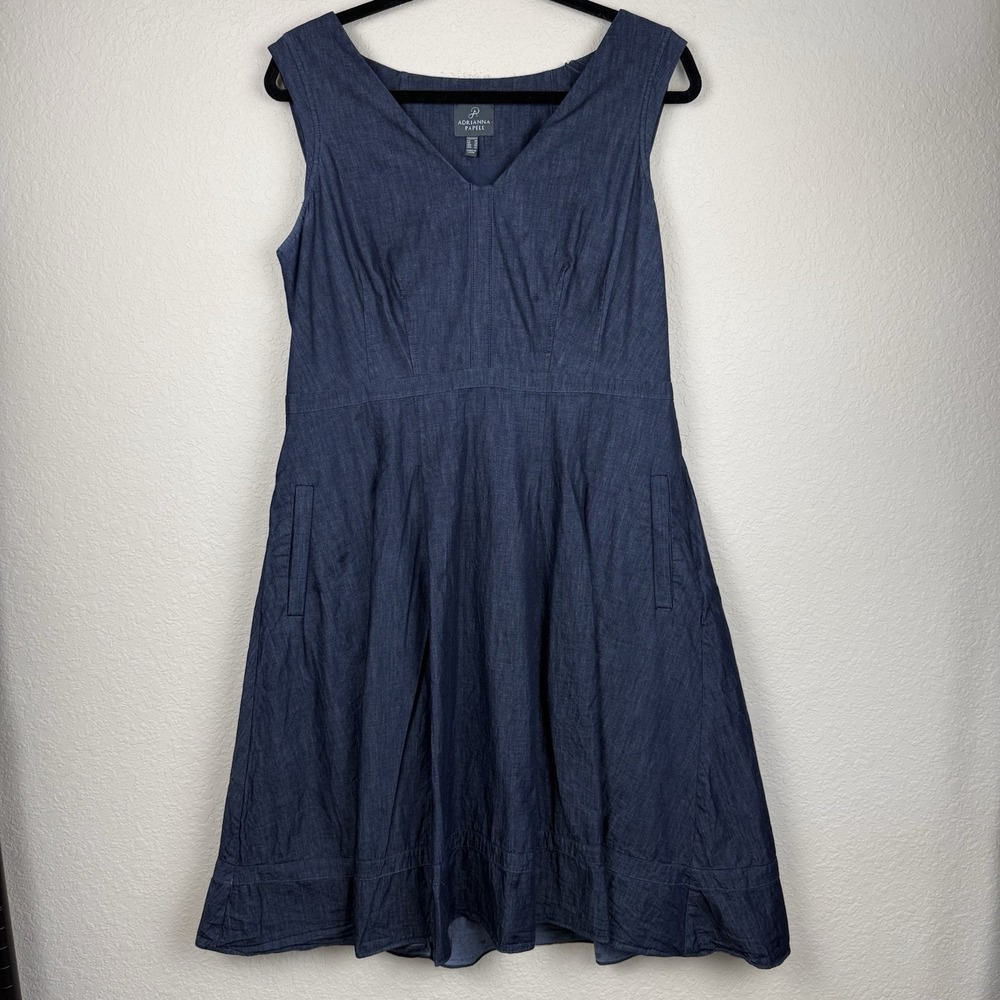 Adrianna Papell Sleeveless V Neck Fit & Flare Dark Denim‎ Dress w/Pockets Sz 16